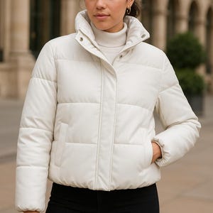 Women&#39;s Faux Leather Puffer Jacket – Winter Warm Quilted Coat with High Collar