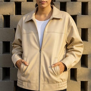 Oversized Genuine Leather Jacket: Women&#39;s Zip Up Streetwear Coat