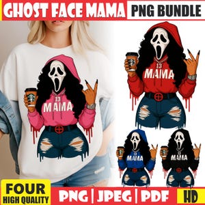 May include: A digital graphic bundle featuring a Ghost Face character with long black hair, wearing a hoodie, distressed denim shorts, and a watch, holding a coffee cup. The character is printed in four color variations: pink, red, blue, and black.