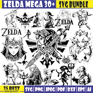 May include: A selection of black and white illustrations of characters and symbols from "The Legend of Zelda" video game series. The image includes the text "ZELDA MEGA 30+ SVG BUNDLE" and "THE LEGEND OF ZELDA". The bottom of the image includes the text "35 BEST HIGH QUALITY" and file type formats.