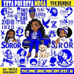 May include: A digital SVG bundle in blue and white, featuring Zeta Phi Beta sorority graphics. Includes illustrations of women, text, and symbols like doves and the sorority's Greek letters. The text includes "Zeta Phi Beta," "Soror," and "1920."