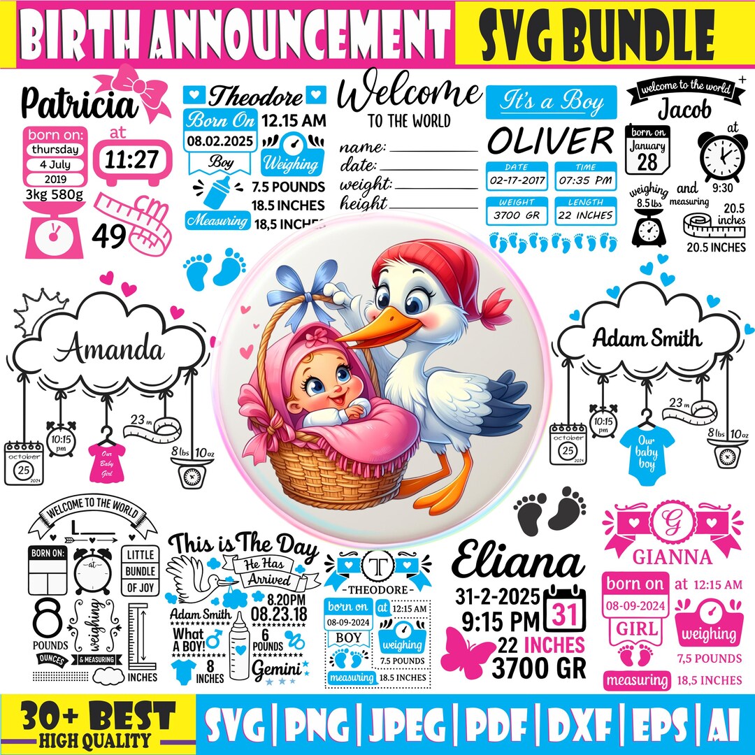 Baby Stats SVG Bundle: Birth Announcement Templates (digital Download ...