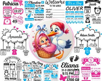 Paquete SVG de datos del bebé: Plantillas para anuncios de nacimiento (Descarga digital)