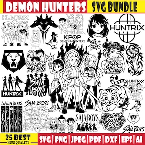 May include: A black and white SVG bundle with various illustrations and text. The designs include characters, logos, and the text "DEMON HUNTERS" and "SAJA BOYS". The bundle also includes file type information.