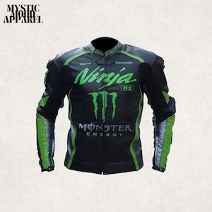 Kawasaki Ninja H2R x Monster Motorbike Racing Genuine Leather Jacket, Motorcycle Racing Ninja H2R Leather Jacket, Best Gift For Biker&#39;s