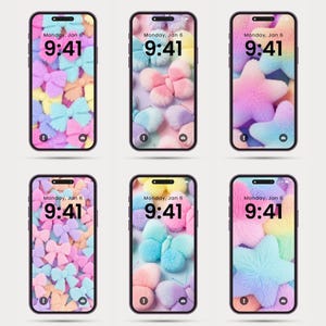 パステル調のふわふわ壁紙パック – かわいいふわふわ女の子のスマホ背景 | かわいいふわふわの蝶と星の美しいロック画面 iPhone Android
