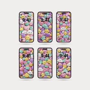 Op de afbeelding: Zes smartphones met een herhalend patroon van pastelkleurige harten, sterren, cupcakes en wolken. Elke telefoon toont de tijd als 9:41 uur op maandag 6 januari. De telefoons hebben zwarte randen.
