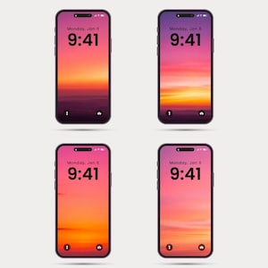 May include: Four smartphones with sunset-themed wallpapers. Each phone displays "Monday, Jan 6" and "9:41" on the screen. The wallpapers feature gradients of orange, pink, and purple, resembling a sunset.