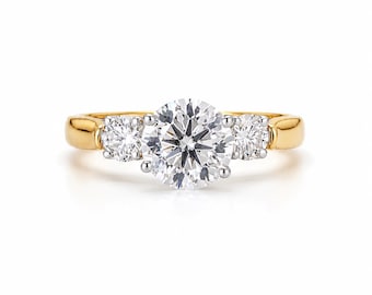 Round Cut Lab Grown Diamond Three Stone Ring, Elegant Engagement Ring For Women, 14k Rose Gold