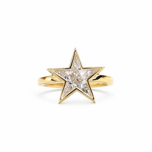 14K guldstjärna diamant solitärring, pajskuren elegant promise ring, minimalistisk present till henne