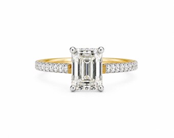Emerald Cut Pave Diamond Engagement Ring in 14k Gold, Cathedral Solitaire Ring, Minimalist Jewelry