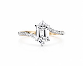 Elongated Hexagon Lab Grown Diamond Engagement Ring, Unique Solitaire Ring, Gift for Her