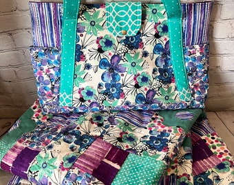 Flower Baby Diaper Bag with Quilt Blanket Floral Spring Purple Teal Crib Toddler