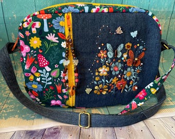 Butterfly Purse Denim Bag Embroidered Beaded Crossbody Shoulder Carry