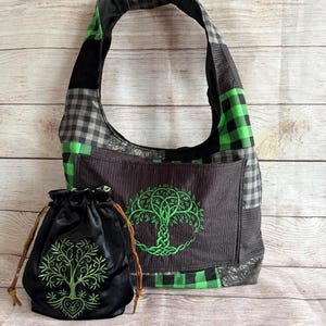 Tree of Life Hobo Purse with Drawstring Tarot Bag Patchwork Plaid
