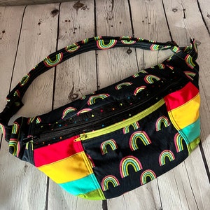 Rainbow Fanny Pack Hip Bag Spring pockets hearts checker print