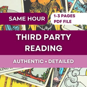 Puede incluir: Un conjunto de cartas del tarot con el texto "SAME HOUR", "1-3 PAGES PDF FILE", "THIRD PARTY READING" y "AUTHENTIC • DETAILED" en blanco y morado. Las cartas tienen ilustraciones coloridas.