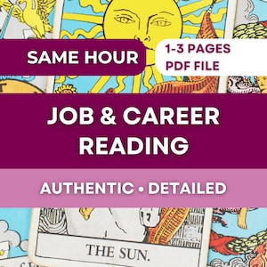 Puede incluir: Anuncio de un servicio de lectura de cartas del tarot. La imagen presenta un primer plano de cartas del tarot con superposiciones de texto. El texto incluye "SAME HOUR", "1-3 PAGES PDF FILE", "JOB & CAREER READING" y "AUTHENTIC • DETAILED."