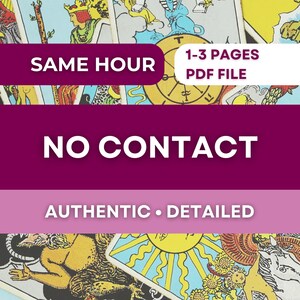 May include: Image of tarot cards with text overlays. The text includes "SAME HOUR", "1-3 PAGES PDF FILE", "NO CONTACT", and "AUTHENTIC • DETAILED". The cards feature colorful illustrations.