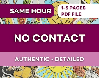 May include: Image of tarot cards with text overlays. The text includes "SAME HOUR", "1-3 PAGES PDF FILE", "NO CONTACT", and "AUTHENTIC • DETAILED". The cards feature colorful illustrations.