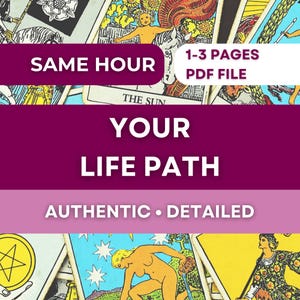 May include: A collection of tarot cards with the text "SAME HOUR", "1-3 PAGES PDF FILE", "YOUR LIFE PATH", and "AUTHENTIC • DETAILED" in white and purple. The cards feature colorful illustrations.