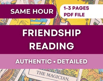 May include: A tarot card reading advertisement with the text "Friendship Reading" in white letters on a deep pink background. The ad also includes the phrases "Same Hour", "1-3 Pages PDF File", and "Authentic • Detailed". Tarot cards are visible in the background.