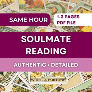 Op de afbeelding: Een verzameling tarotkaarten met de tekst "SOULMATE READING" in het wit op een donkerroze achtergrond. De afbeelding bevat ook de tekst "SAME HOUR" en "1-3 PAGES PDF FILE". De woorden "AUTHENTIC • DETAILED" zijn ook zichtbaar.
