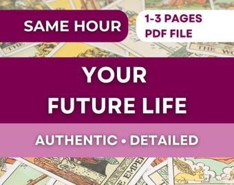 May include: Tarot cards with text overlay. The text reads "SAME HOUR", "1-3 PAGES PDF FILE", "YOUR FUTURE LIFE", and "AUTHENTIC • DETAILED". The cards are arranged in a pile, with some details visible.