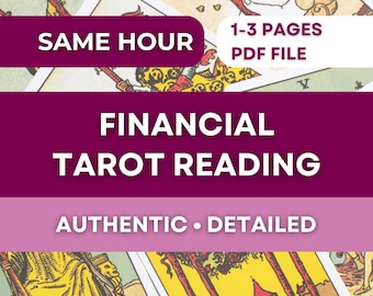 May include: A digital tarot reading service advertisement. The image features a deep purple banner with white text that reads "FINANCIAL TAROT READING." Additional text includes "SAME HOUR," "1-3 PAGES PDF FILE," and "AUTHENTIC • DETAILED."