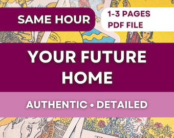 May include: Tarot cards with text overlays. The text includes "SAME HOUR", "1-3 PAGES PDF FILE", "YOUR FUTURE HOME", and "AUTHENTIC • DETAILED". The cards have colorful illustrations and are arranged in a decorative manner.