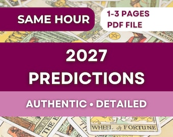 Könnte beinhalten: Eine digitale Grafiküberlagerung mit dem Text SAME HOUR, 1-3 PAGES PDF FILE, 2027 PREDICTIONS und AUTHENTIC • DETAILED vor einem Hintergrund aus mehreren Tarotkarten, darunter Strength, The Wheel of Fortune und The Moon.