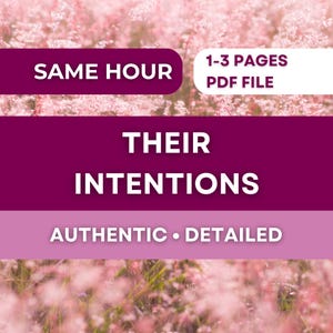 Può includere: Una grafica digitale con le parole "SAME HOUR" e "1-3 PAGES PDF FILE" in testo bianco su sfondo rosa e viola. Le parole "THEIR INTENTIONS" sono in grandi lettere bianche. Le parole "AUTHENTIC • DETAILED" sono in testo bianco.