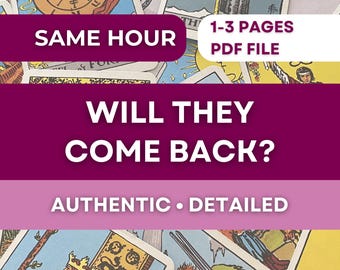 May include: Image of tarot cards with text overlay. The text includes "SAME HOUR", "1-3 PAGES PDF FILE", "WILL THEY COME BACK?", and "AUTHENTIC • DETAILED". The background features various tarot card designs.