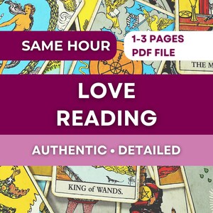 May include: Image of tarot cards with the text "LOVE READING" in white on a purple background. Additional text includes "SAME HOUR", "1-3 PAGES PDF FILE", "AUTHENTIC • DETAILED", and "KING of WANDS."