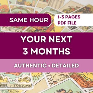 May include: Image of tarot cards with text overlay. The text includes "SAME HOUR," "1-3 PAGES PDF FILE," "YOUR NEXT 3 MONTHS," and "AUTHENTIC • DETAILED." The cards are in the background, with a focus on the text.