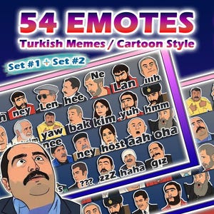 Könnte beinhalten: Digitales Kunstwerk mit 54 türkischen Emoticons im Meme-Stil im Cartoon-Stil. Die Emoticons sind in einem Raster angeordnet, mit verschiedenen Gesichtsausdrücken und Textblasen. Der Text "54 EMOTES" ist deutlich sichtbar.