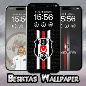 May include: Three smartphone screens displaying Besiktas wallpapers. The central screen shows the team's logo with a Turkish flag and the text "BJK 1903". The other screens feature the team's colors and a player illustration. The word "BESIKTAS WALLPAPER" is at the bottom.