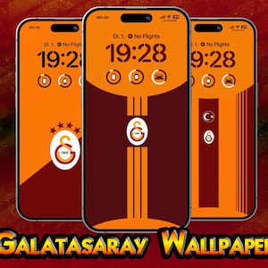 May include: Three smartphones showcasing Galatasaray wallpapers. The screens have orange and maroon designs with the team's logo, stars, and the text "Di. 1. No Flights" and "19:28". The bottom of the image reads "GALATASARAY WALLPAPER".