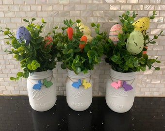 Easter Spring Decor Pastel Ball Mason Jars with Colored Eggs and Greenery