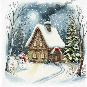 12 imágenes prediseñadas de casas del bosque navideño, tarjetas navideñas, imágenes prediseñadas de acuarela imprimibles, descarga digital