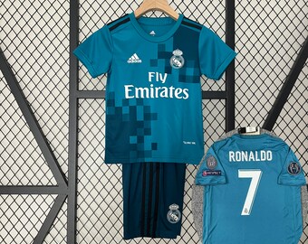 Maillot rétro Cristiano Ronaldo n°7 de football 2017-2018 Real Madrid bleu 2017-2018 pour enfant - Ensemble manches courtes et longues, deuxième ensemble de maillots de fan extérieur