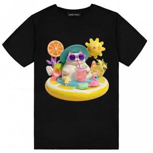 May include: Black t-shirt featuring a whimsical illustration of a white cat wearing sunglasses and a hat, relaxing on a lemon-shaped float with a drink. The design includes a sun, orange slice, and other summer-themed elements.