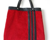 Red Corduroy Shoulder Bag with Recycled Leather Details, Eco Design, handmade from upcycled materials