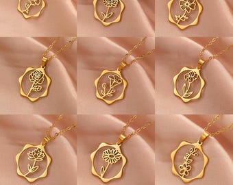 Personalized Birth Month Flower Necklace | Gold & Silver Floral Pendant | Custom Monthly Flower Jewelry Gift