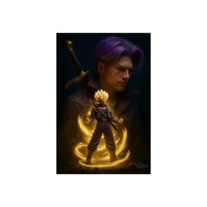 May include: Digital art print featuring a character with spiky golden hair and a black outfit, surrounded by golden energy. A second character with purple hair and a sword is in the background. The artwork has a dark, dramatic aesthetic.