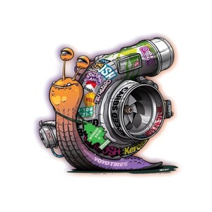 May include: A cartoon illustration of a snail-shaped turbocharger. The snail is orange with large eyes and a shell that resembles a tire. The turbocharger is silver and covered in stickers with text like "TSU HAZARD" and "VOYO TIRES".