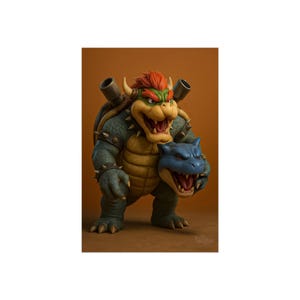 Puede incluir: Ilustración digital de Bowser, una gran criatura parecida a una tortuga con caparazón puntiagudo, cuernos y una melena roja llameante. Sostiene una cabeza azul de Blastoise. La obra presenta texturas detalladas y una pose dinámica sobre un fondo marrón.