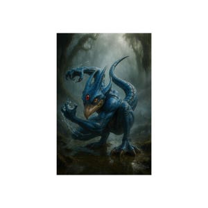 May include: A digital painting of a blue creature with bird-like features, red eyes, and sharp claws. The creature is in a swampy environment, with water droplets and a dark, misty background.