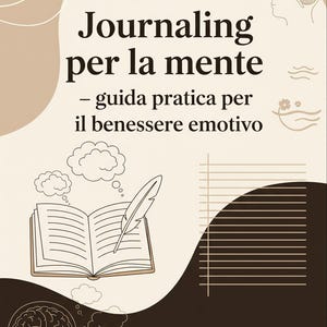 May include: Book cover with the title "Journaling per la mente" and the subtitle "- guida pratica per il benessere emotivo." The cover features illustrations of a brain, an open book with a feather, and thought bubbles.