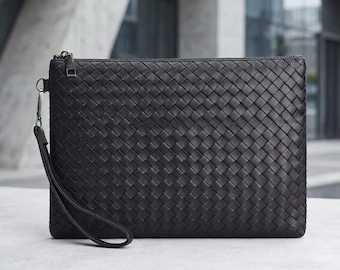 Woven Black Leather Clutch Bag, Men's Minimalist Pouch, Urban Portfolio, Handcrafted Evening Bag